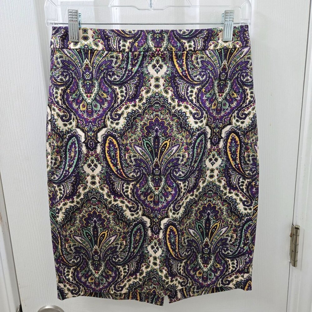 J. Crew Pencil Skirt Womens 00 Purple Green Paisley Mardi Gras Slit Cotton Lined